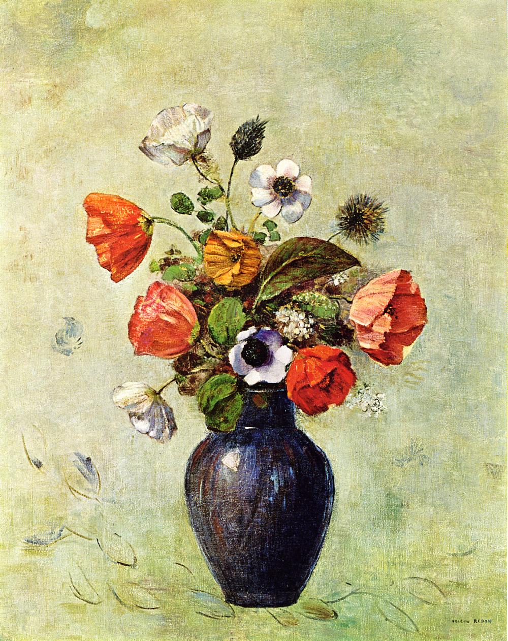 Reproductions of Odilon Redon's art Anemones and Poppies in a Va